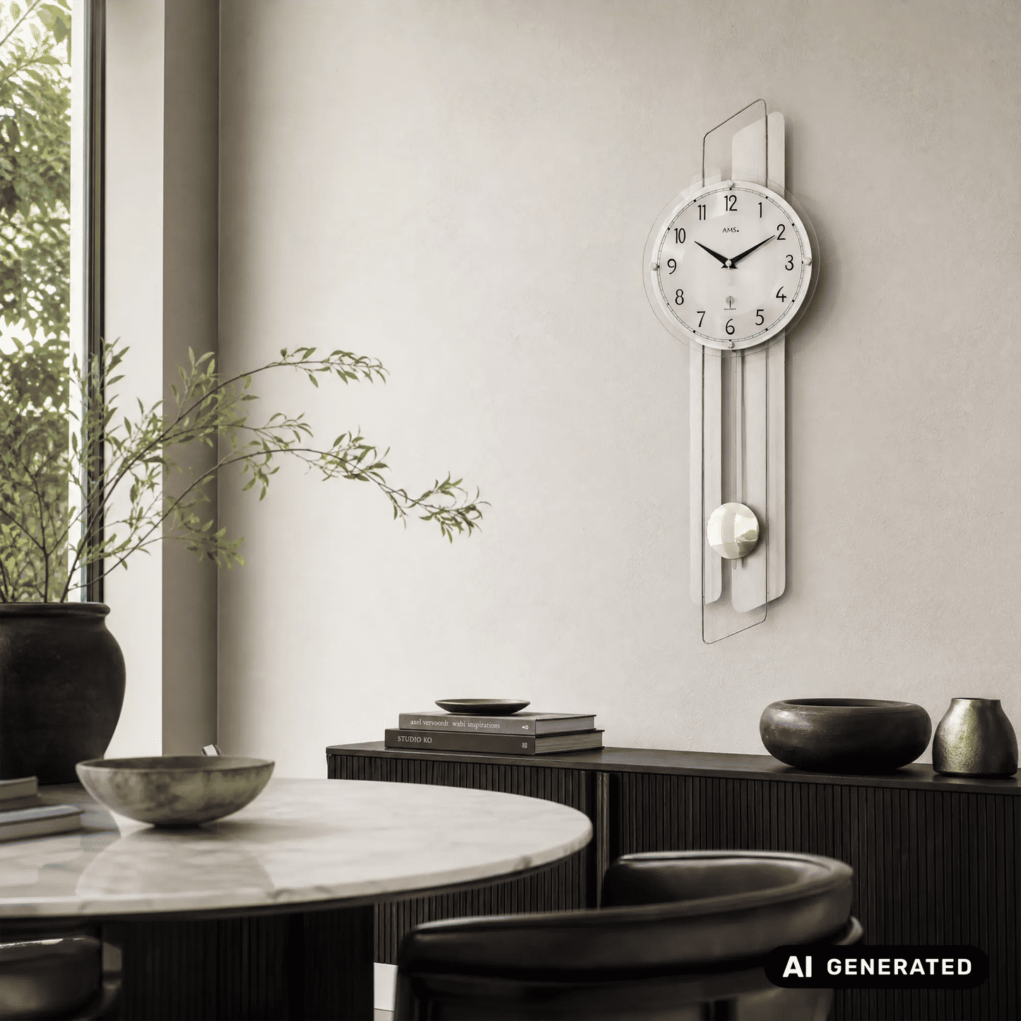 Wanduhr aus Aluminium mit rundem Zifferblatt, Funk-Pendelwerk und gewölbtem Mineralglas