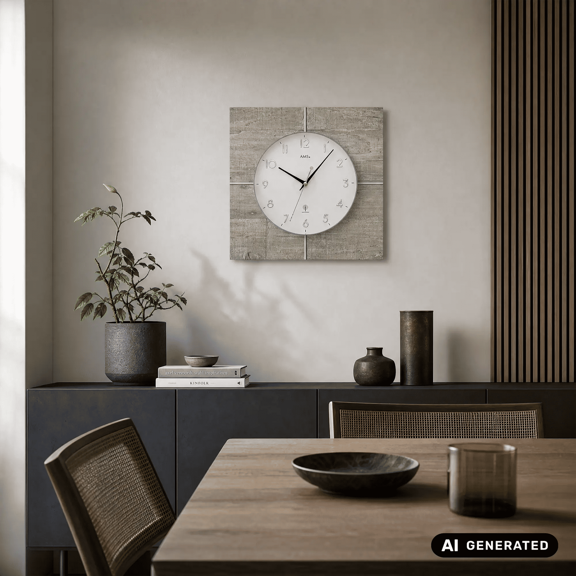 Wanduhr auf Betonstruktur-Quadrat mit rundem weißem Zifferblatt und schwarzen Zeigern