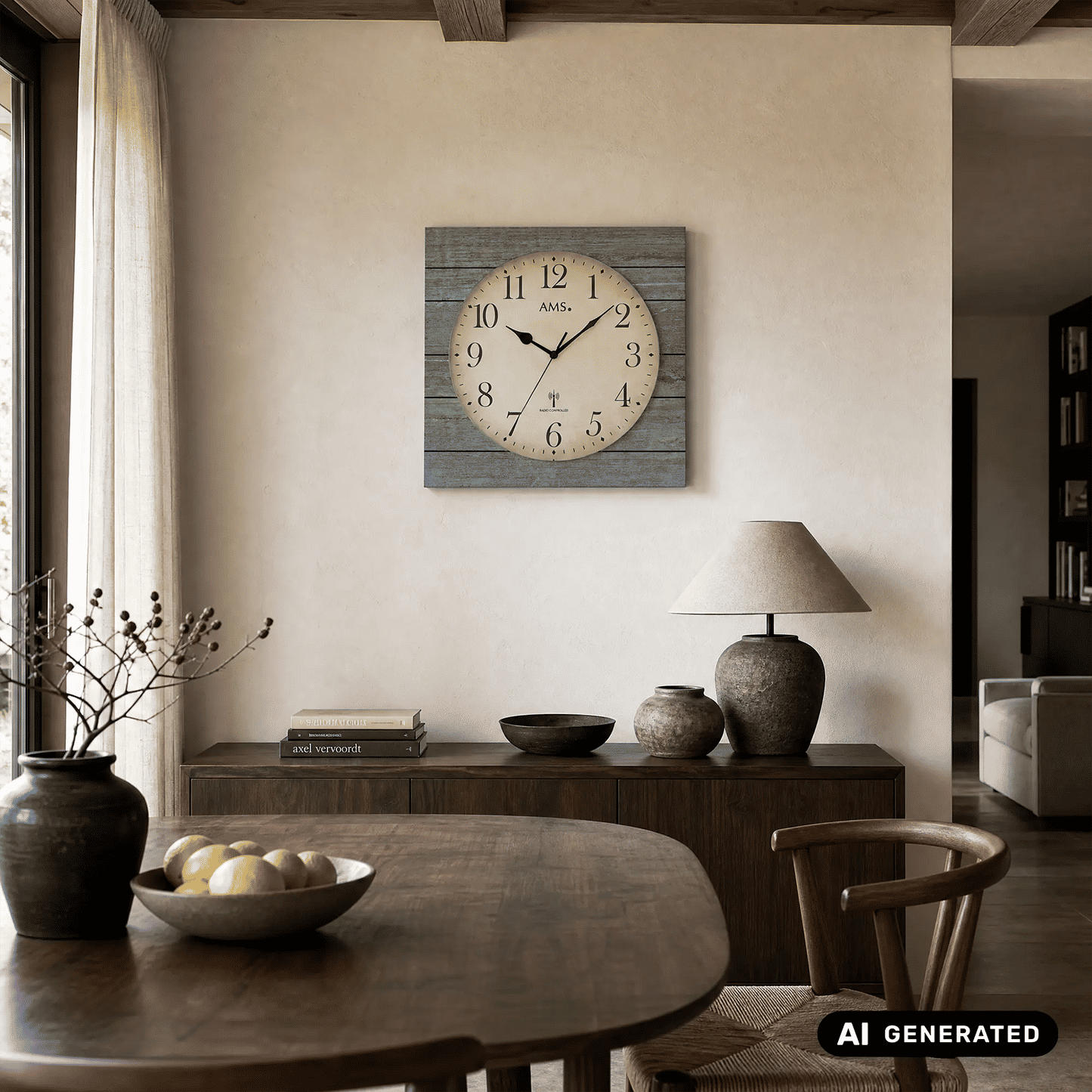 Wanduhr an der Wand mit grauer Holzstruktur, analogem Zifferblatt und Mineralglas, AMS