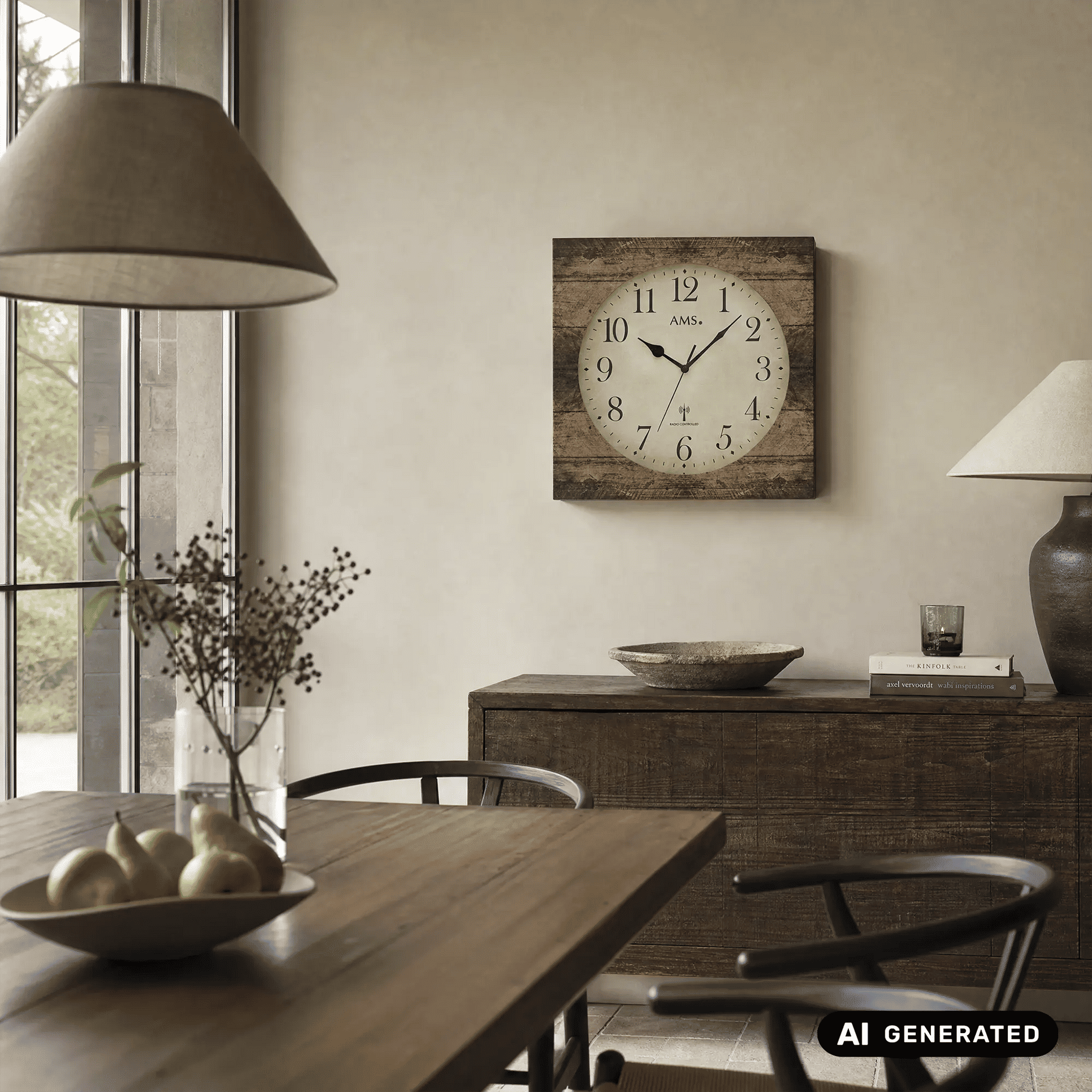 AMS Wanduhr an der Wand: quadratisches Holzstruktur-Gehäuse, beige Zifferblatt, Funkuhr