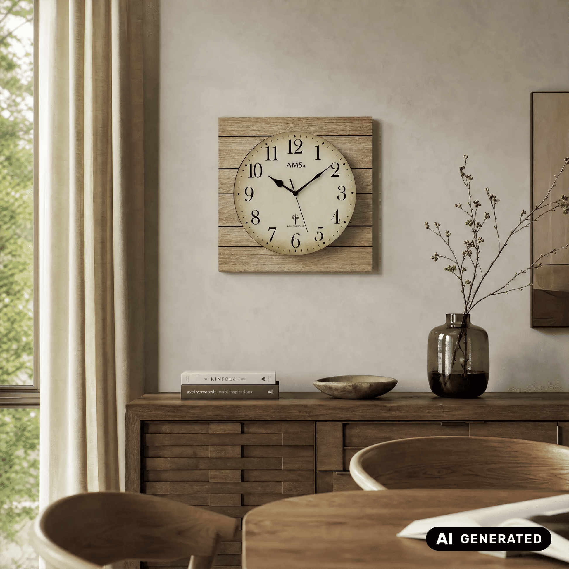 Wanduhr mit Sonoma-Eiche Holzrahmen und rundem Zifferblatt an heller Wand montiert