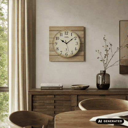 Wanduhr mit Sonoma-Eiche Holzrahmen und rundem Zifferblatt an heller Wand montiert