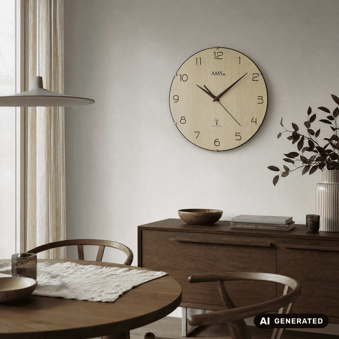 Runde Funk-Wanduhr an der Wand mit Holz-Ziffernblatt, Zeigern und AMS-Schrift