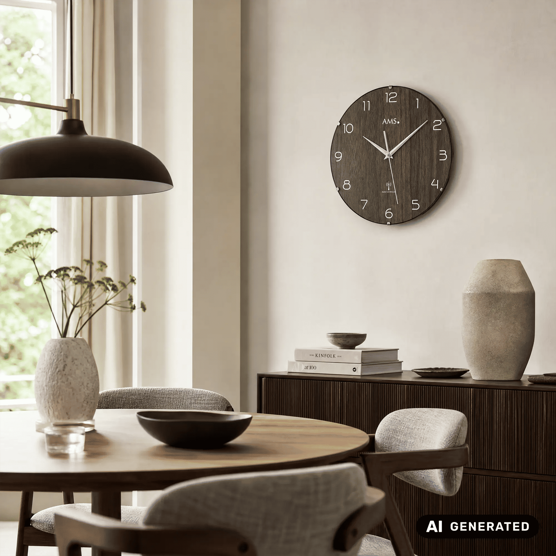 AMS Funk-Wanduhr an der Wand, nussbaumfarbene Holzoptik, weiße Ziffern