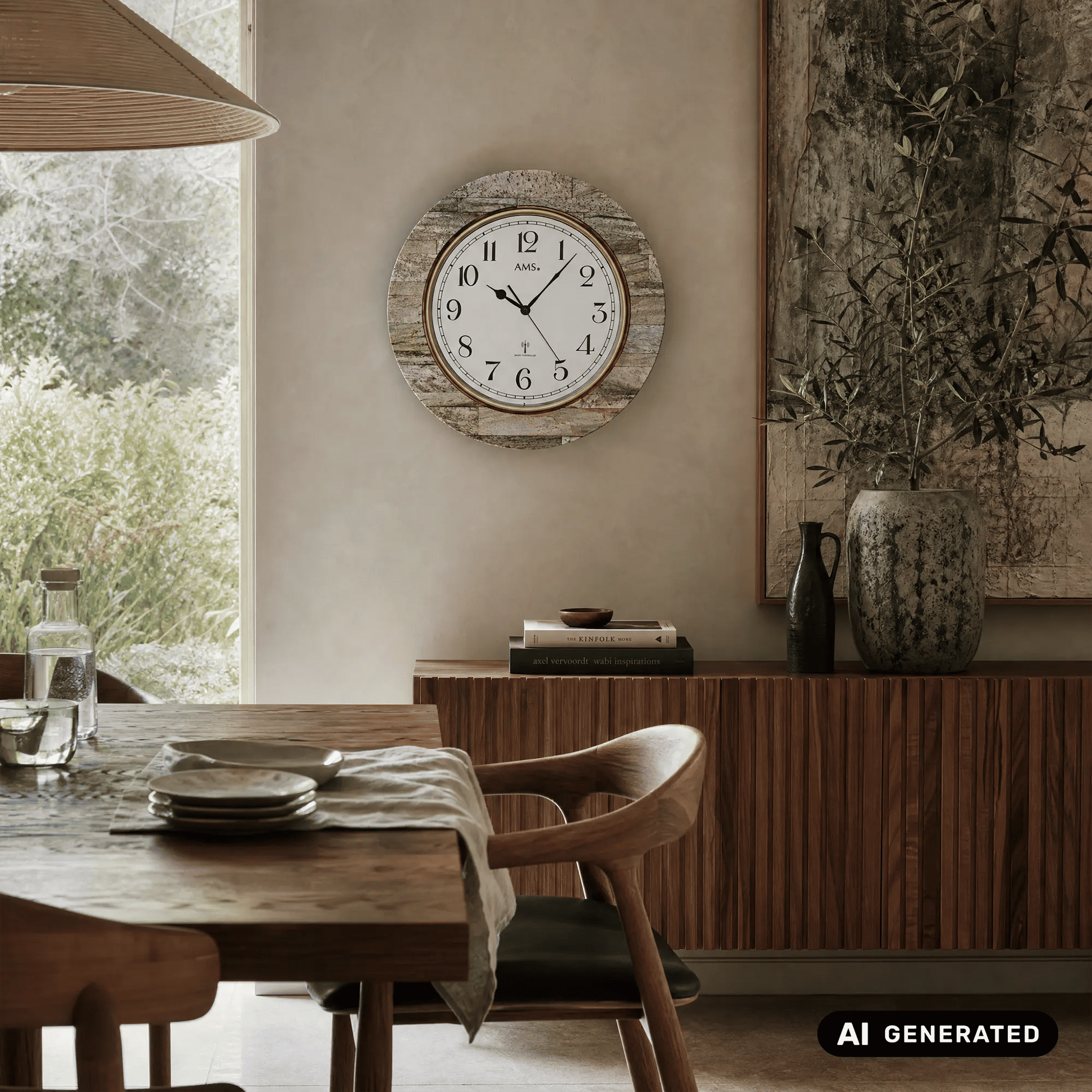 AMS Funk-Wanduhr an der Wand mit weißem Ziffernblatt und goldener Umrandung