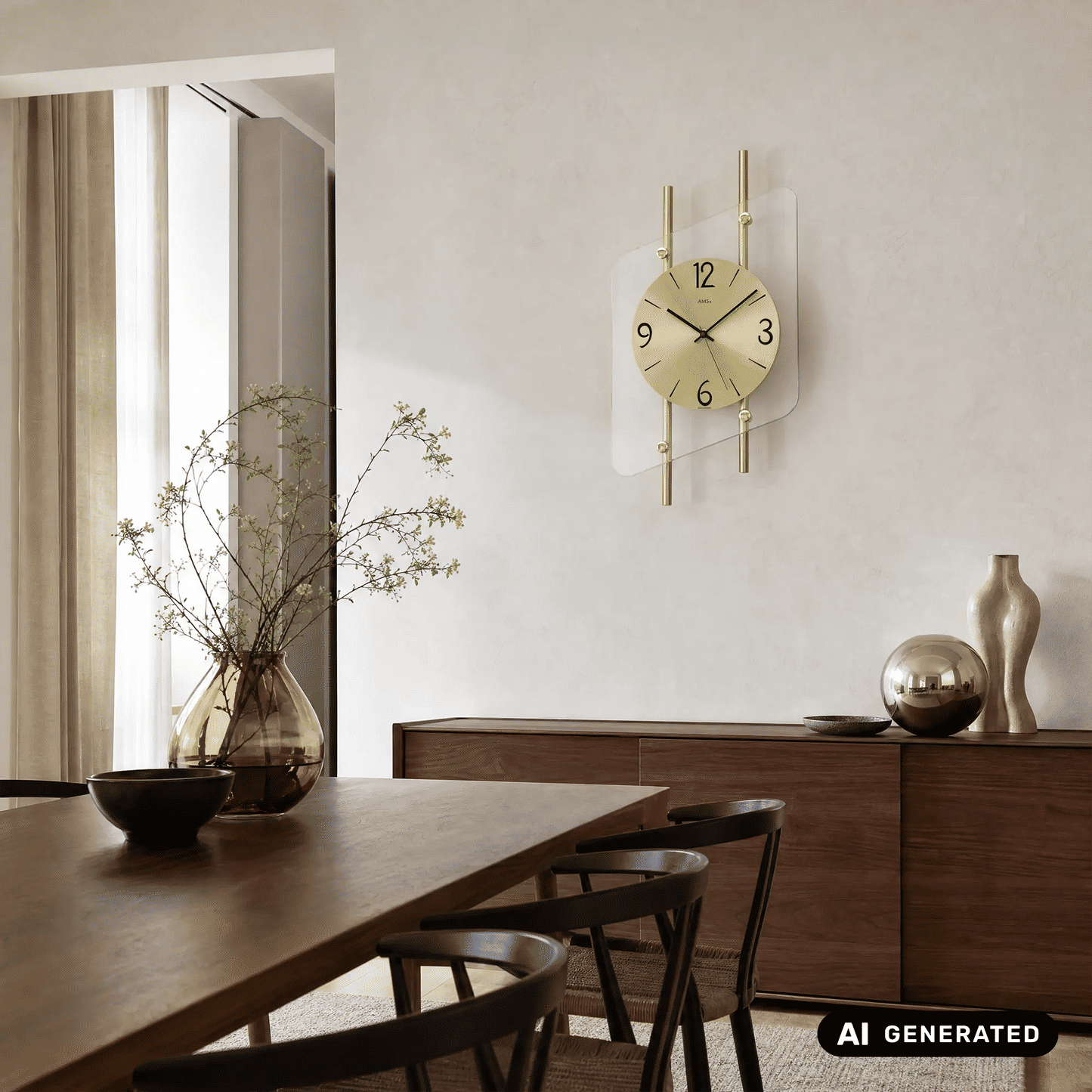 AMS Wanduhr an Wandhalterung: rundes Ziffernblatt, goldene Stäbe, transparentes Mineralglas