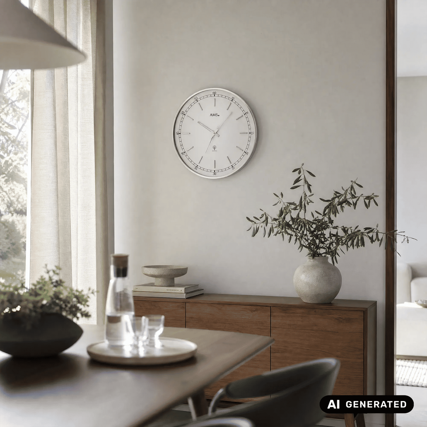 Wanduhr an der Wand: rundes silberfarbenes Gehäuse, weißes Zifferblatt, klare Sicht