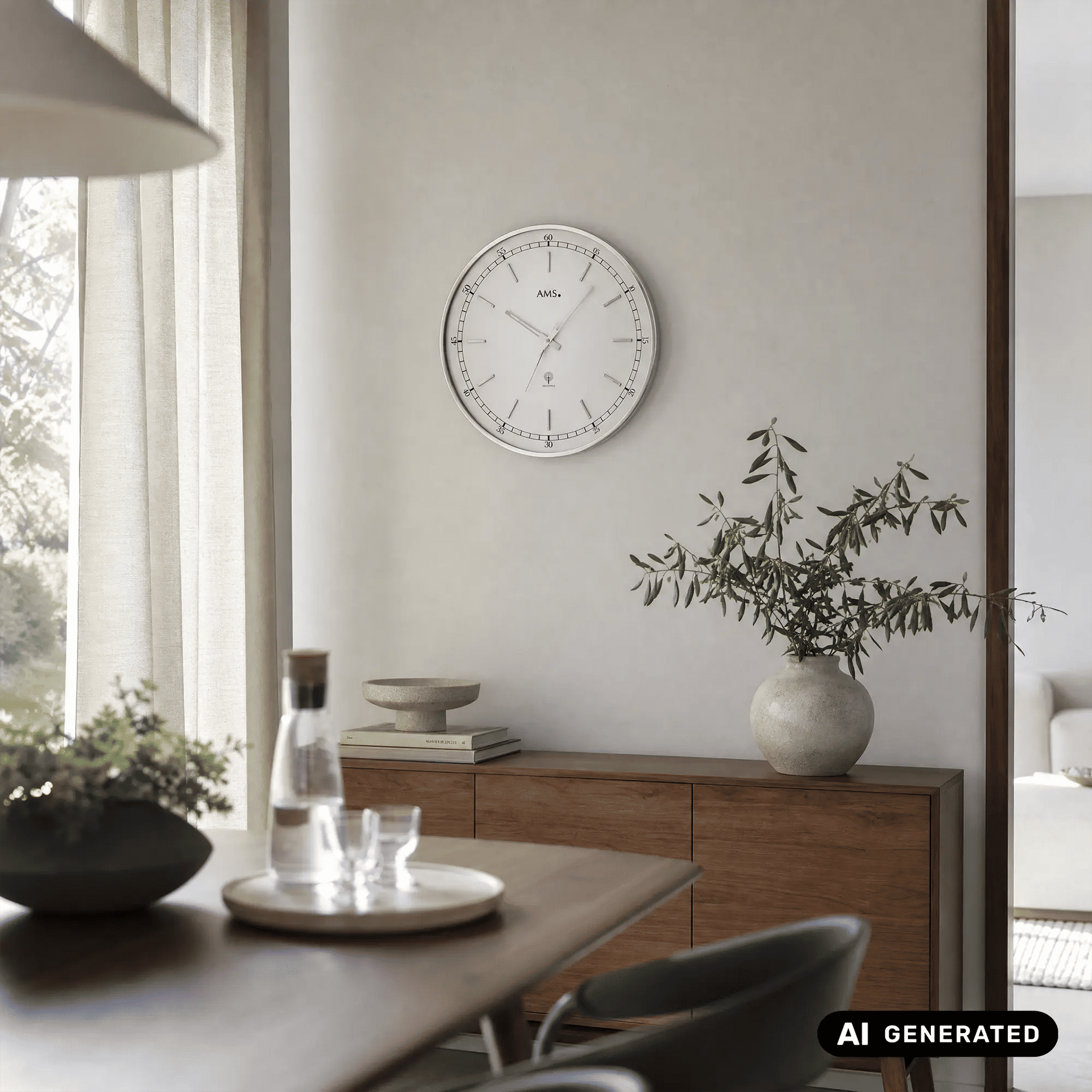 Wanduhr an der Wand: rundes silberfarbenes Gehäuse, weißes Zifferblatt, klare Sicht
