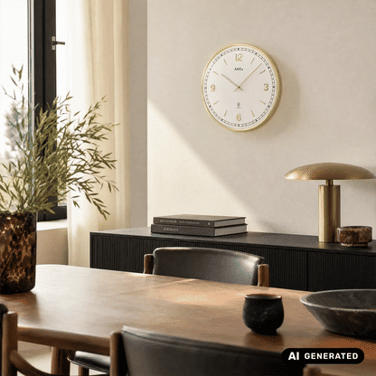 Wanduhr an der Wand mit weißem Ziffernblatt und goldfarbenem Gehäuse