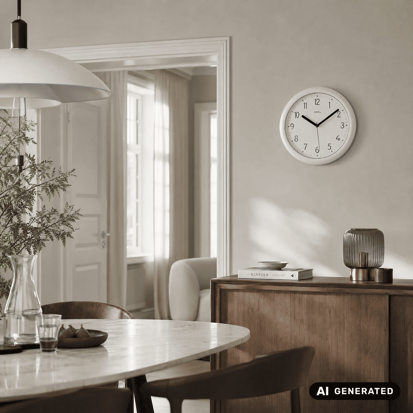 Funk-Wanduhr an der Wand mit silbernem Kunststoffgehäuse und weißem Zifferblatt.