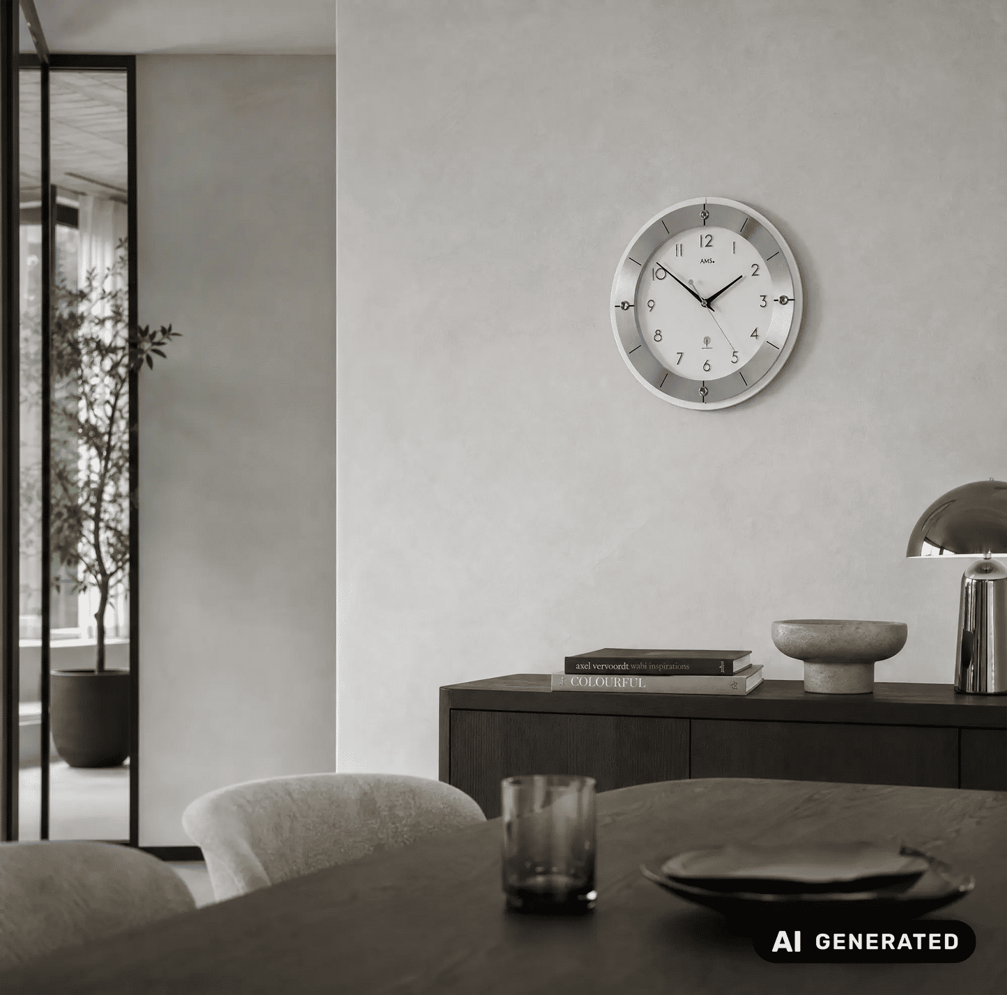 Wanduhr mit silbernem Metallring und weißem Zifferblatt, schwarze Zeiger und Indexe