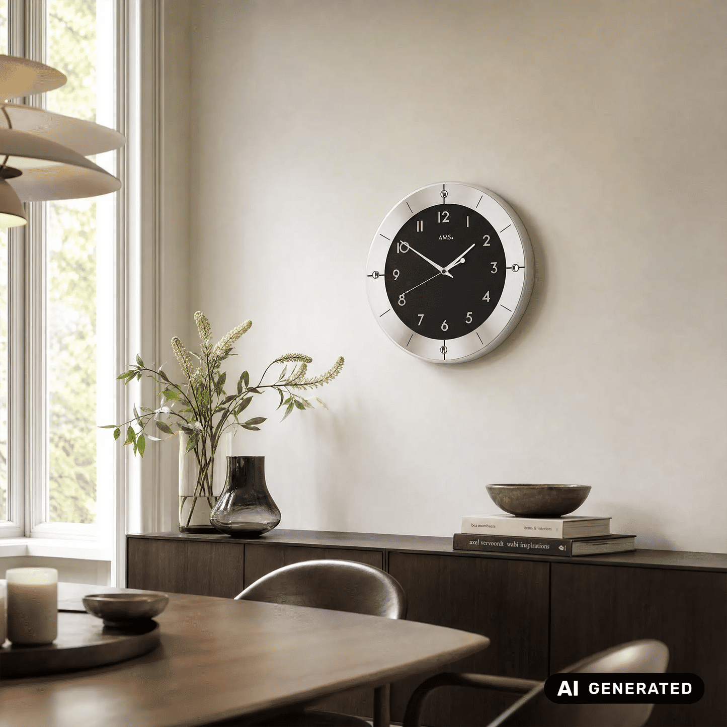 Wanduhr mit schwarzem Ziffernblatt und silbernen Zeigern, runder Metallumrandung