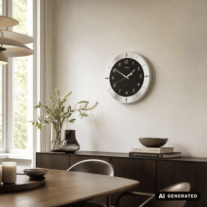 Wanduhr mit schwarzem Ziffernblatt und silbernen Zeigern, runder Metallumrandung