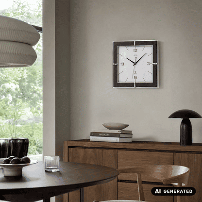 Quadratische Funk-Wanduhr mit schwarzem Carbonrahmen an der Wand, Ziffern und Zeiger