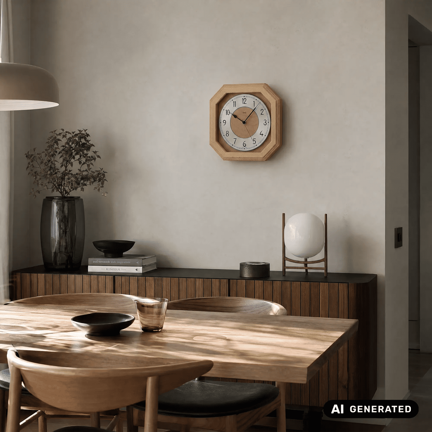 Funk-Wanduhr mit Holzgehäuse und silbernem Aluminiumziffernring an der Wand
