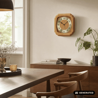 Funk-Wanduhr an der Wand mit Holzrahmen, klarer Glasfront und arabischen Ziffern