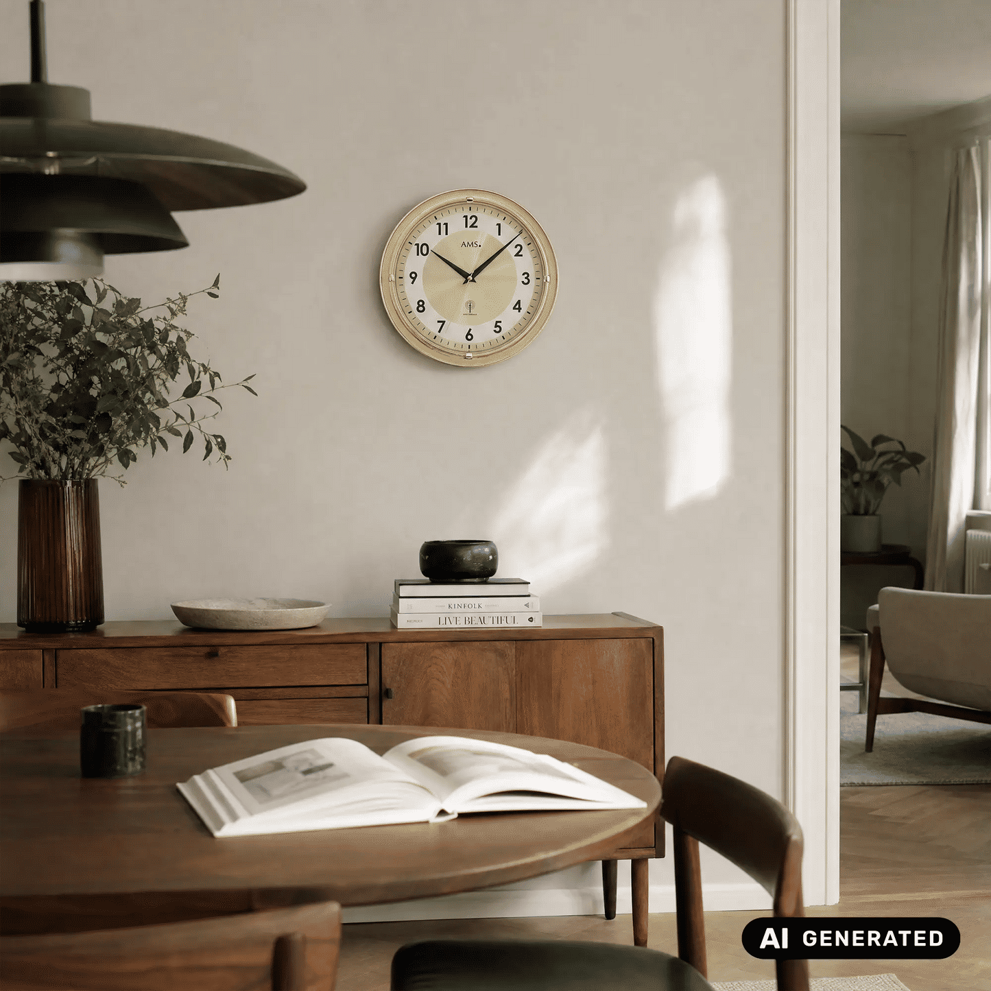 AMS Funk-Wanduhr an der Wand: beiges Zifferblatt, Messingrand, schwarze arabische Ziffern