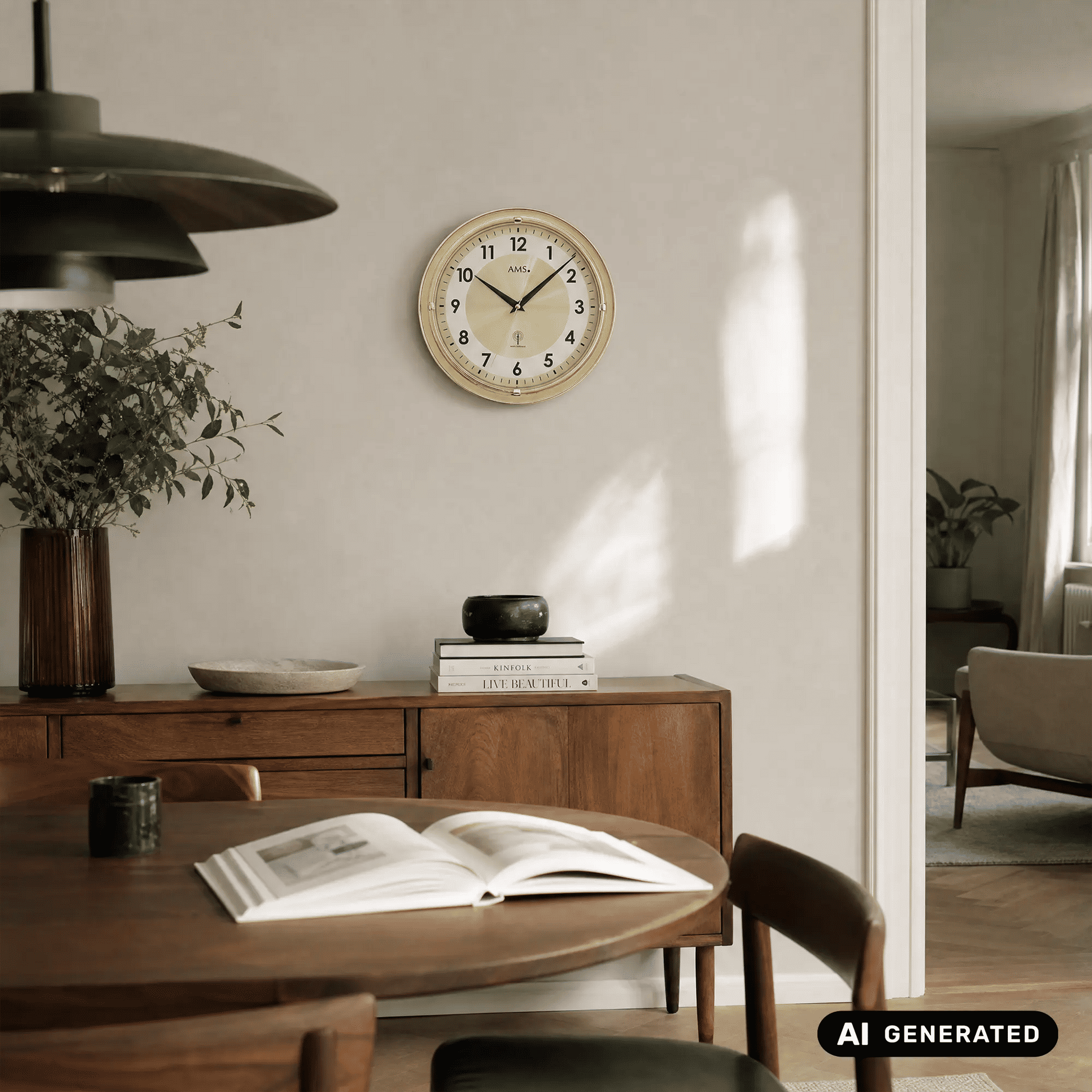 AMS Funk-Wanduhr an der Wand: beiges Zifferblatt, Messingrand, schwarze arabische Ziffern