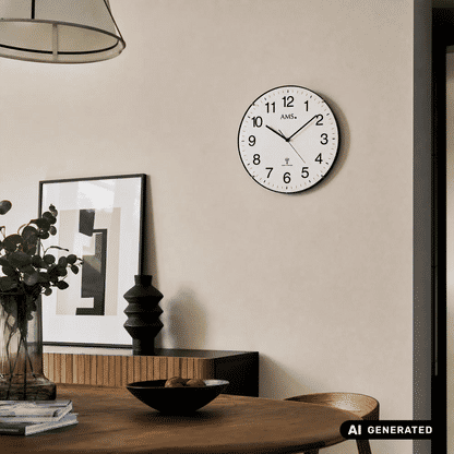 Runde Funk-Wanduhr an der Wand mit weißem Ziffernblatt, schwarzen Zeigern und Zahlen