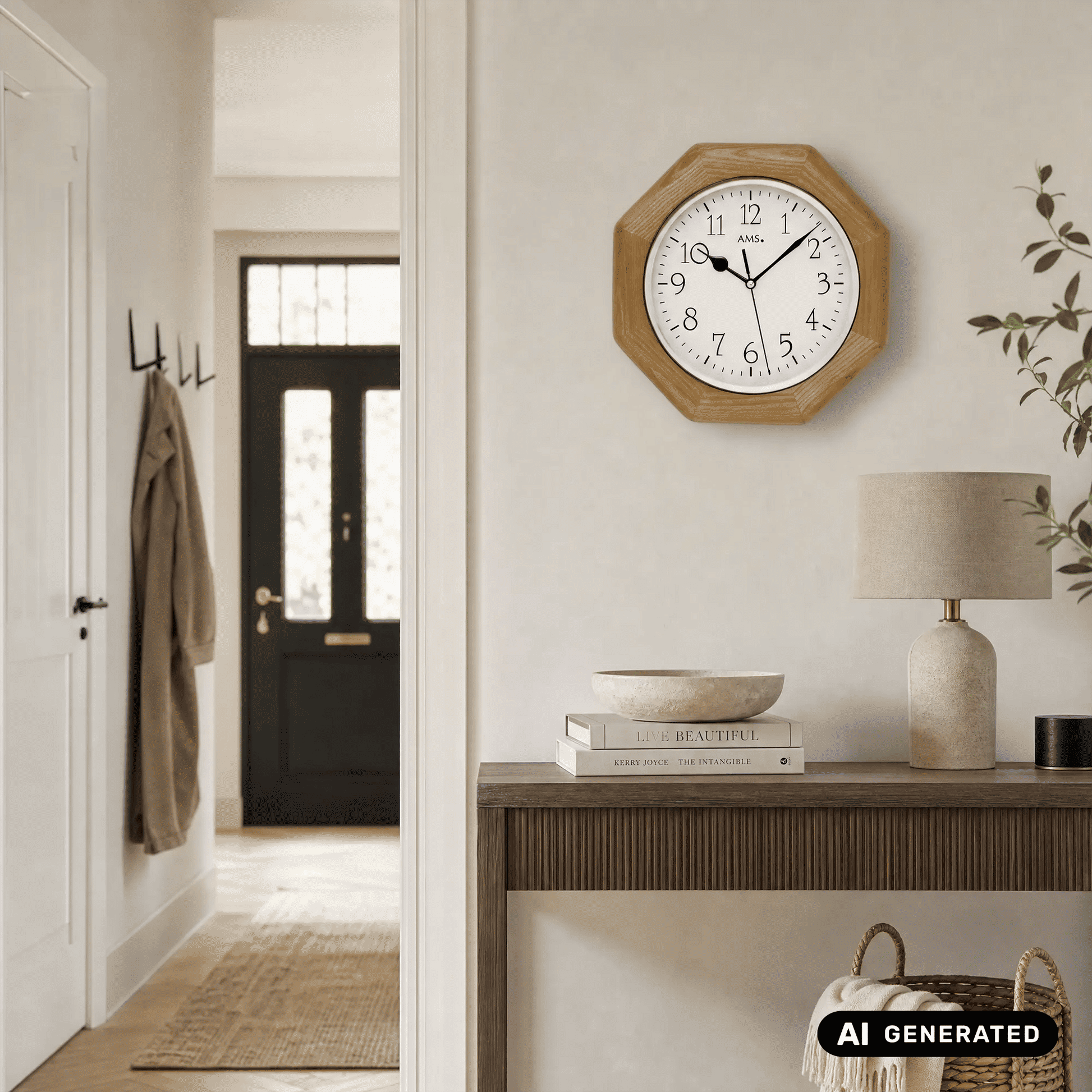 Wanduhr an der Wand mit Eichenholzrahmen, weißem Zifferblatt und schwarzen Zeigern