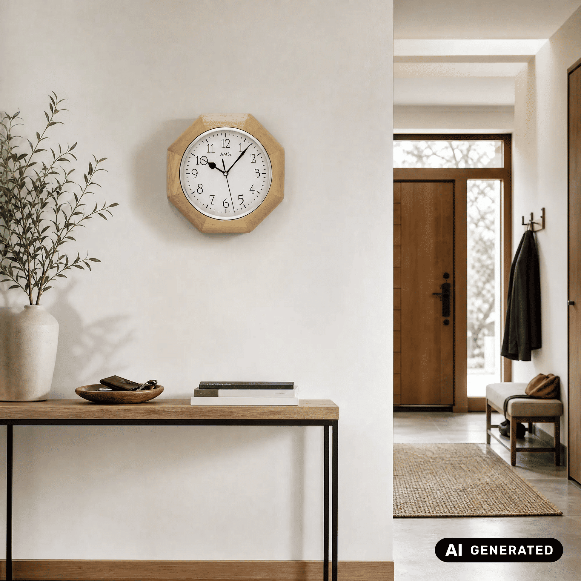 Buchenholz-Wanduhr im Hexagon-Design mit weißem Zifferblatt und schwarzen Zahlen