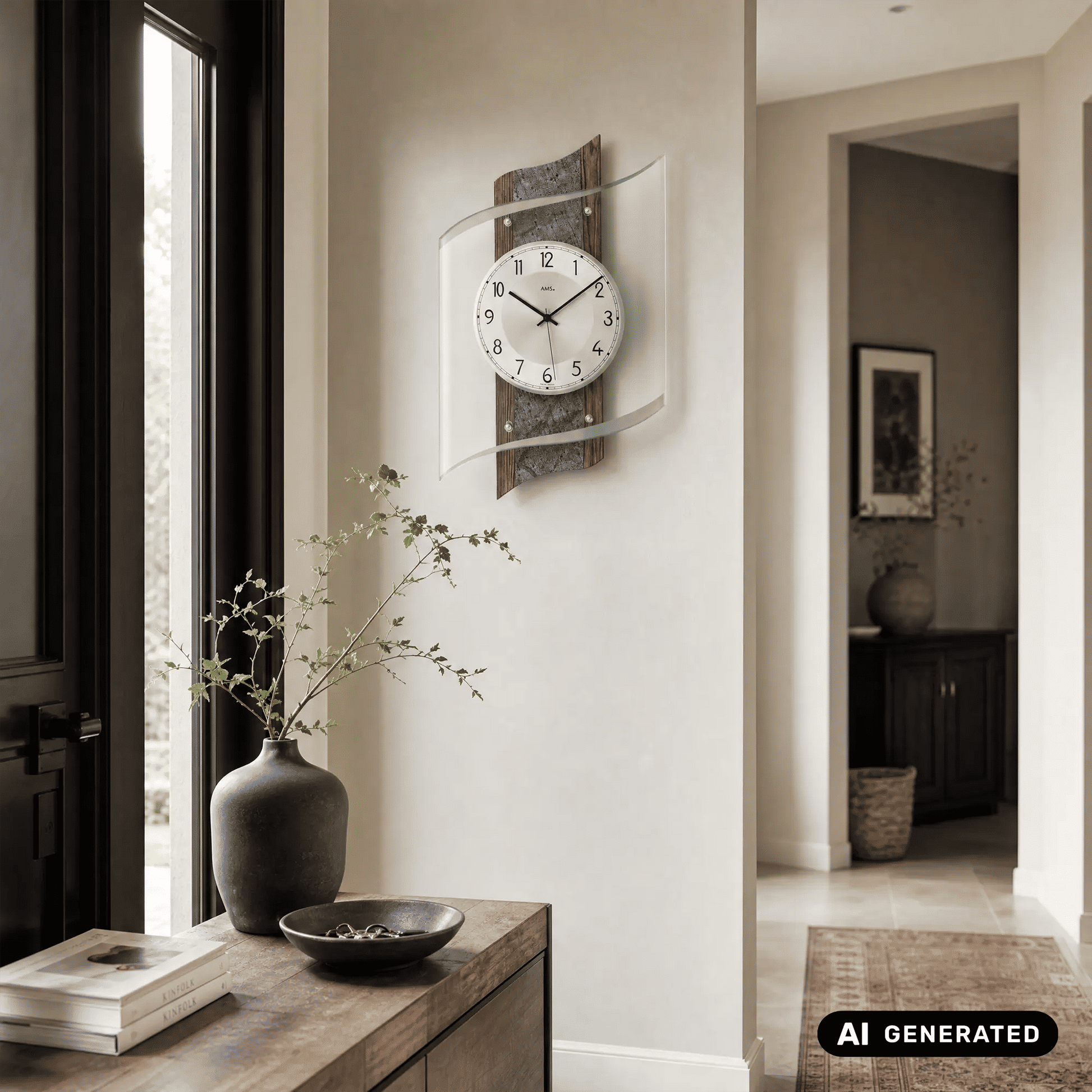 Wanduhr an der Wand mit geschwungenem, facettiertem Glas und grauem Steinrückteil