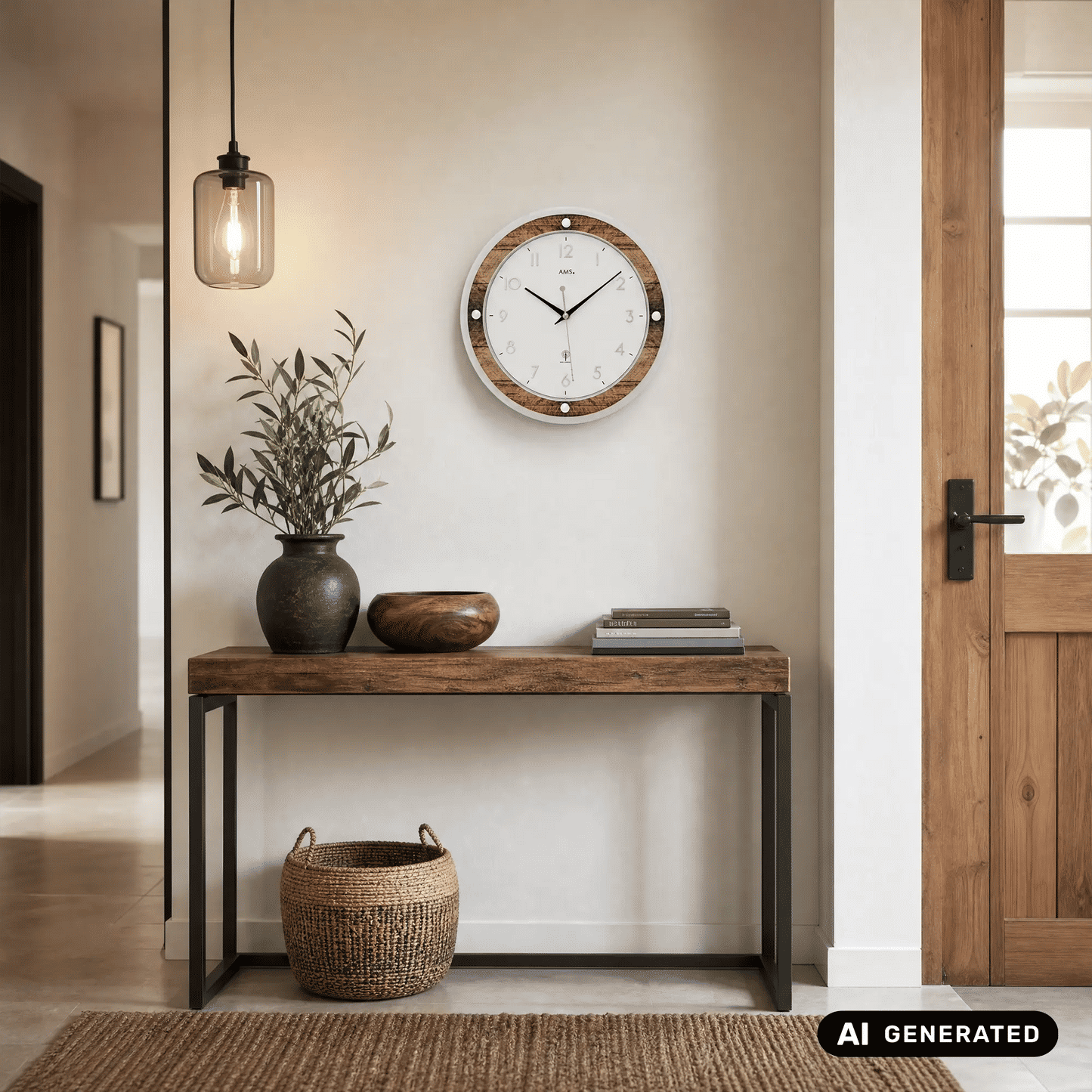 An der Wand montierte runde AMS Funkwerk Wanduhr mit weißem Zifferblatt und braunem Holzring