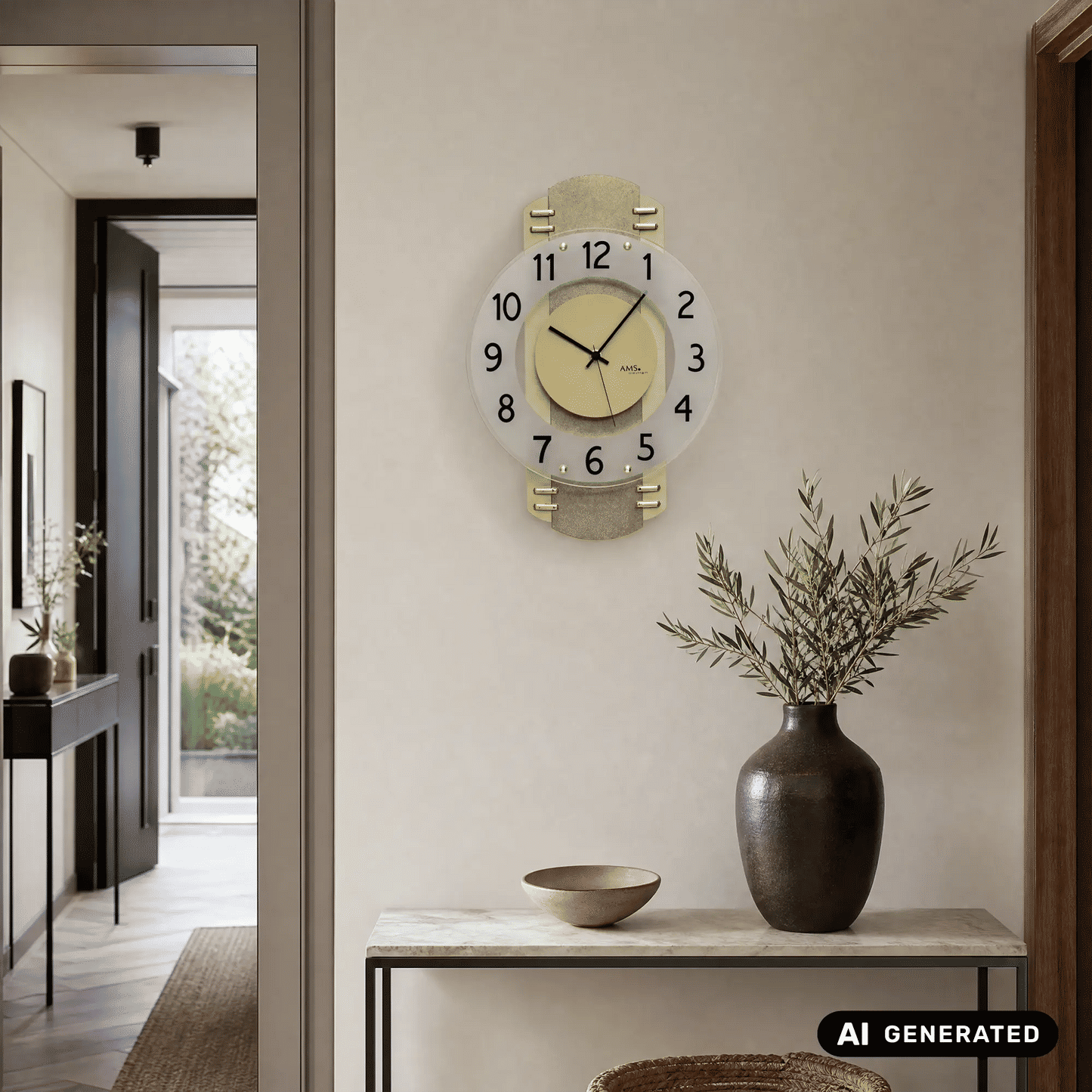 Funk-Wanduhr mit rundem Ziffernblatt, schwarzen Zeigern, römischen Ziffern und Messingantik-Rahmen