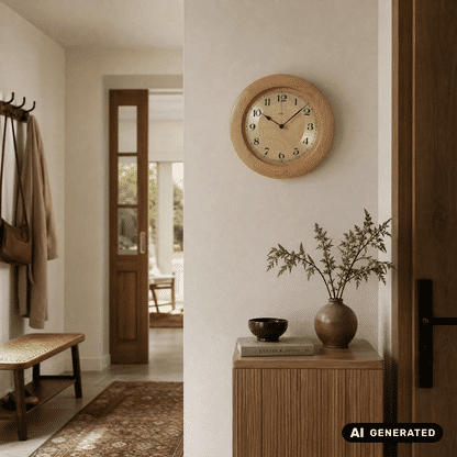 Runde Wanduhr in Holzoptik mit großem Ziffernring und schwarzen Zeigern an heller Wand