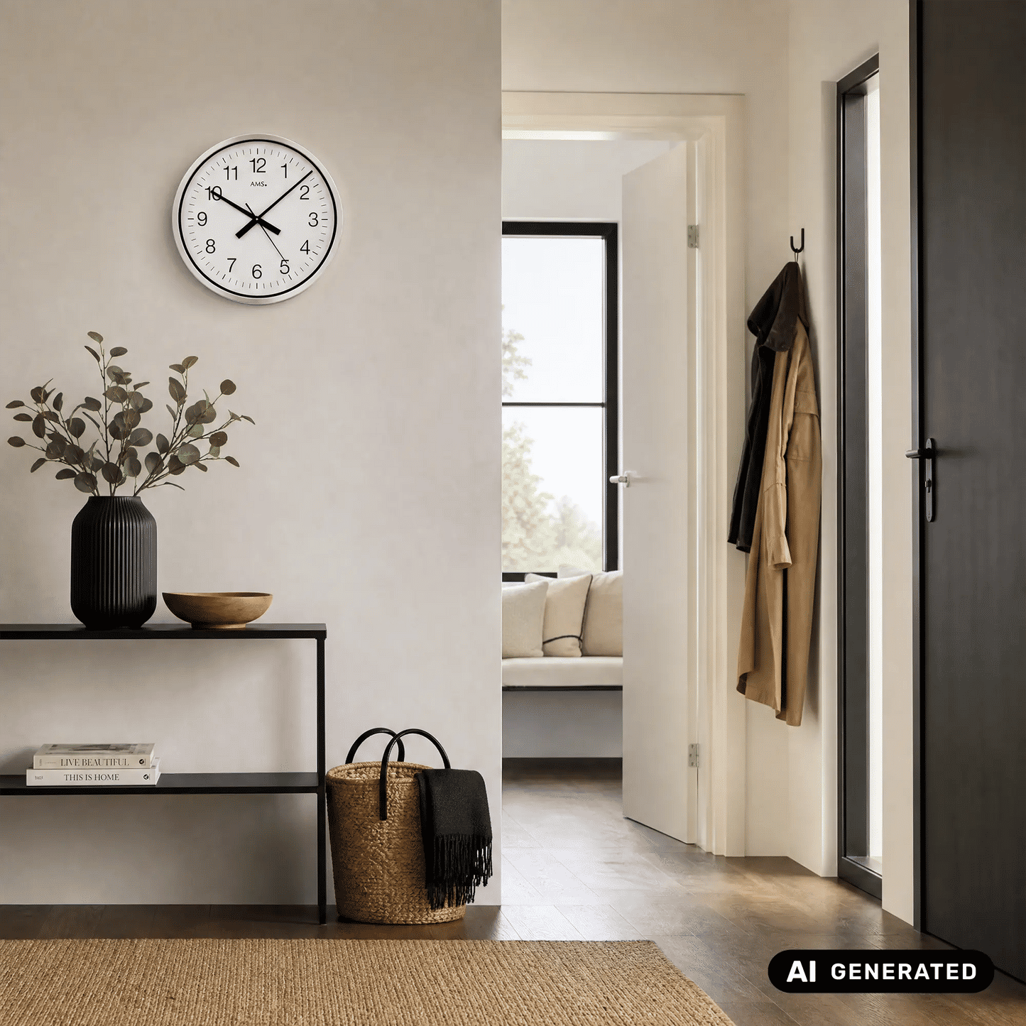 Wanduhr mit weißem Zifferblatt, schwarzen Zahlen und kreisförmigem Aluminiumrahmen