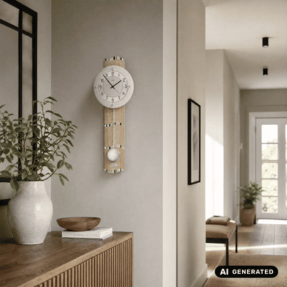 Wanduhr an der Wand: rundes Ziffernblatt, Holzgehäuse mit silbernen Streifen und Pendelgehäuse