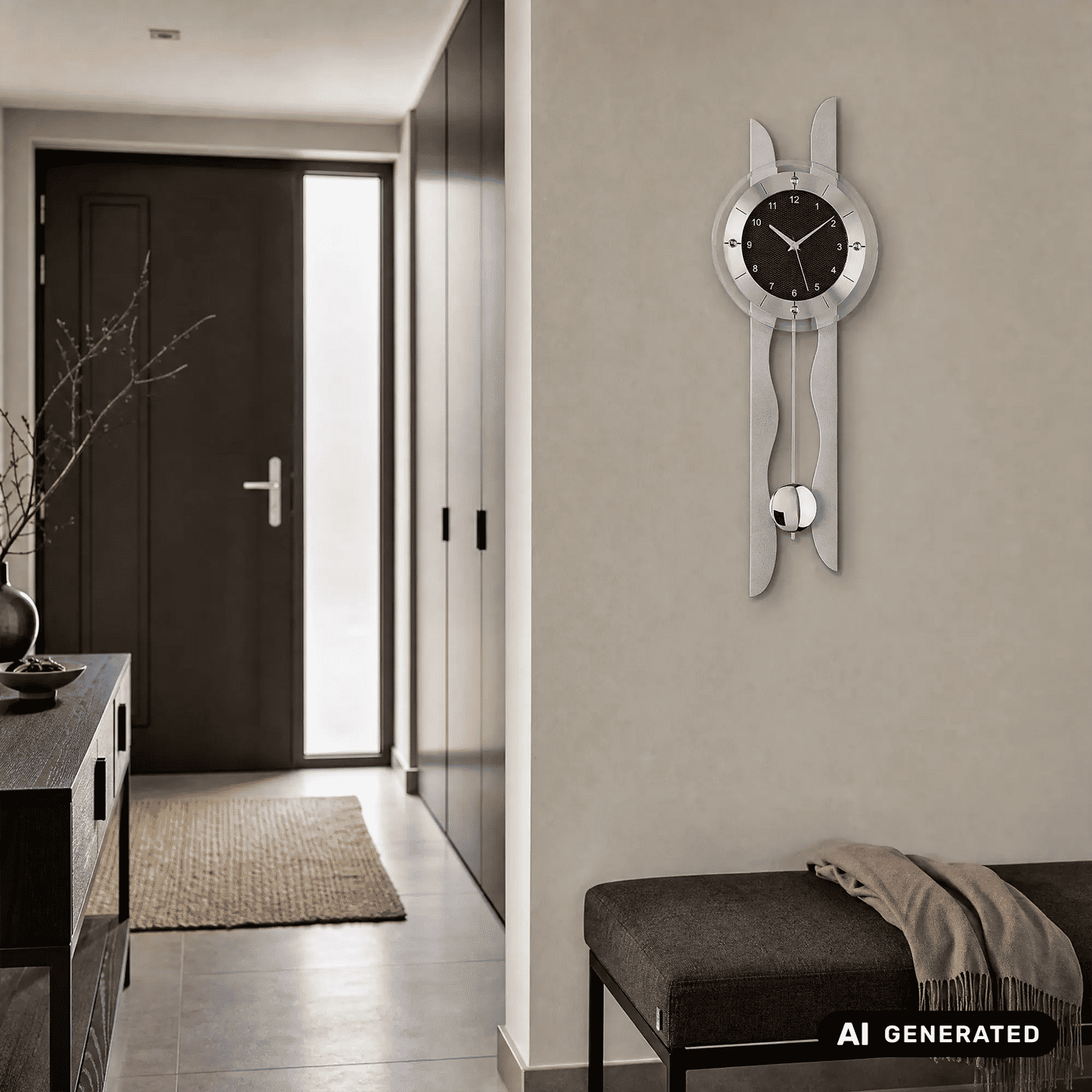 Wanduhr mit silbernen Elementen, rundes schwarzes Zifferblatt und zwei Pendelgewichte