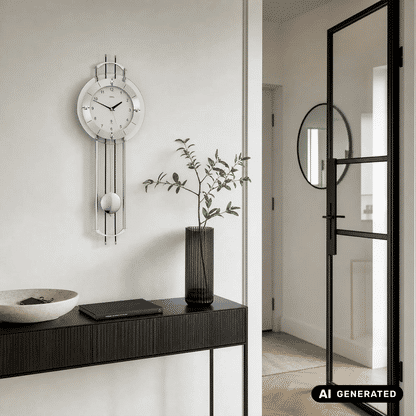 Wanduhr mit rundem Gehäuse und silbernen Stäben, angebrachtes Pendel