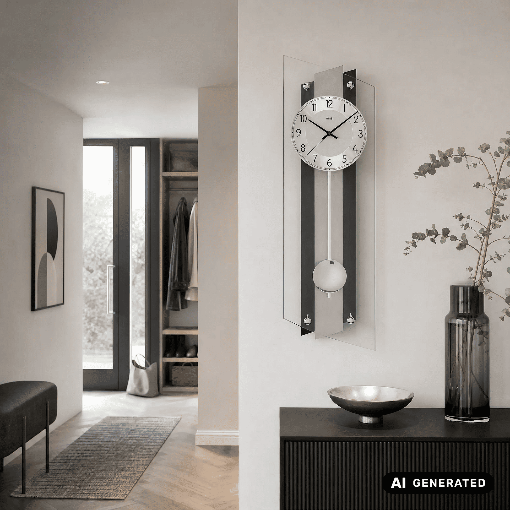 Wanduhr mit rundem Zifferblatt, geschwungenem Mineralglas und Pendelkugel