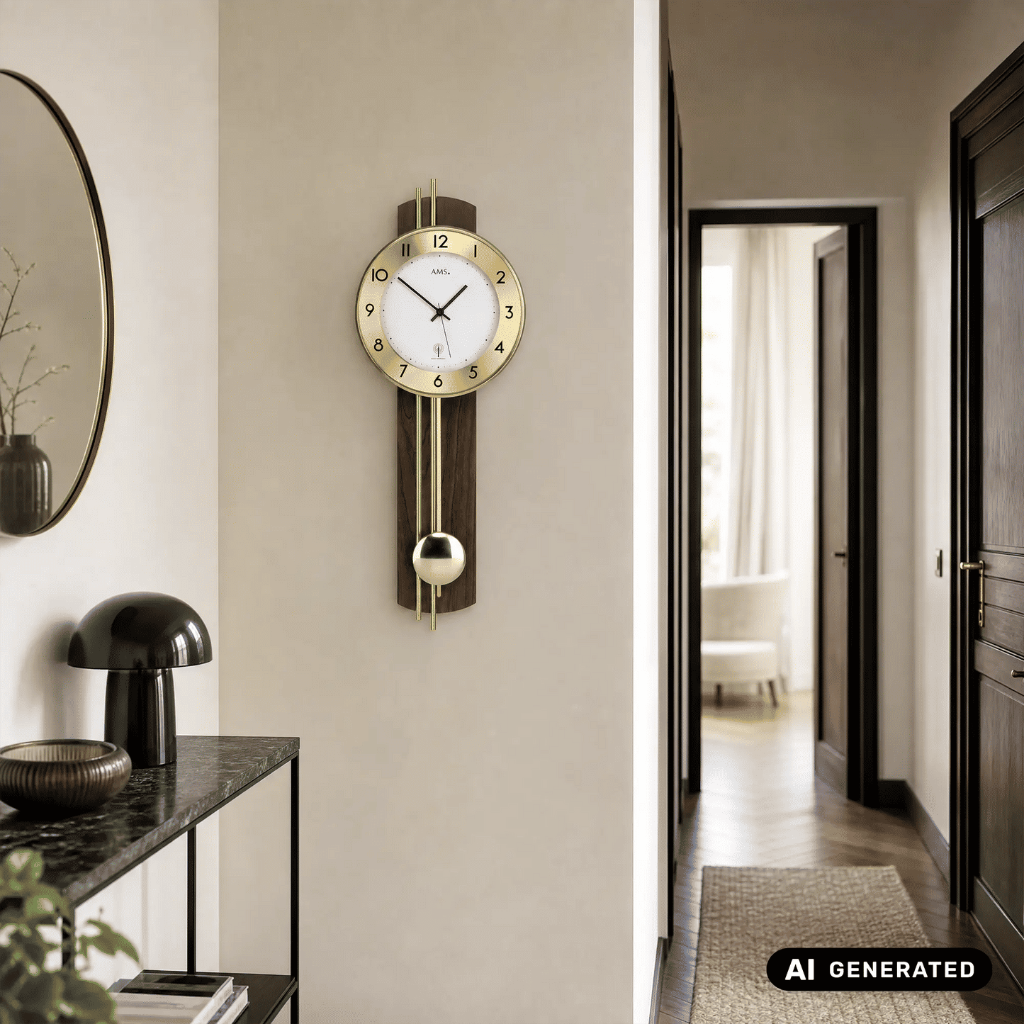 Wanduhr an der Wand mit goldener Einfassung, weißem Zifferblatt und silberner Pendelkugel