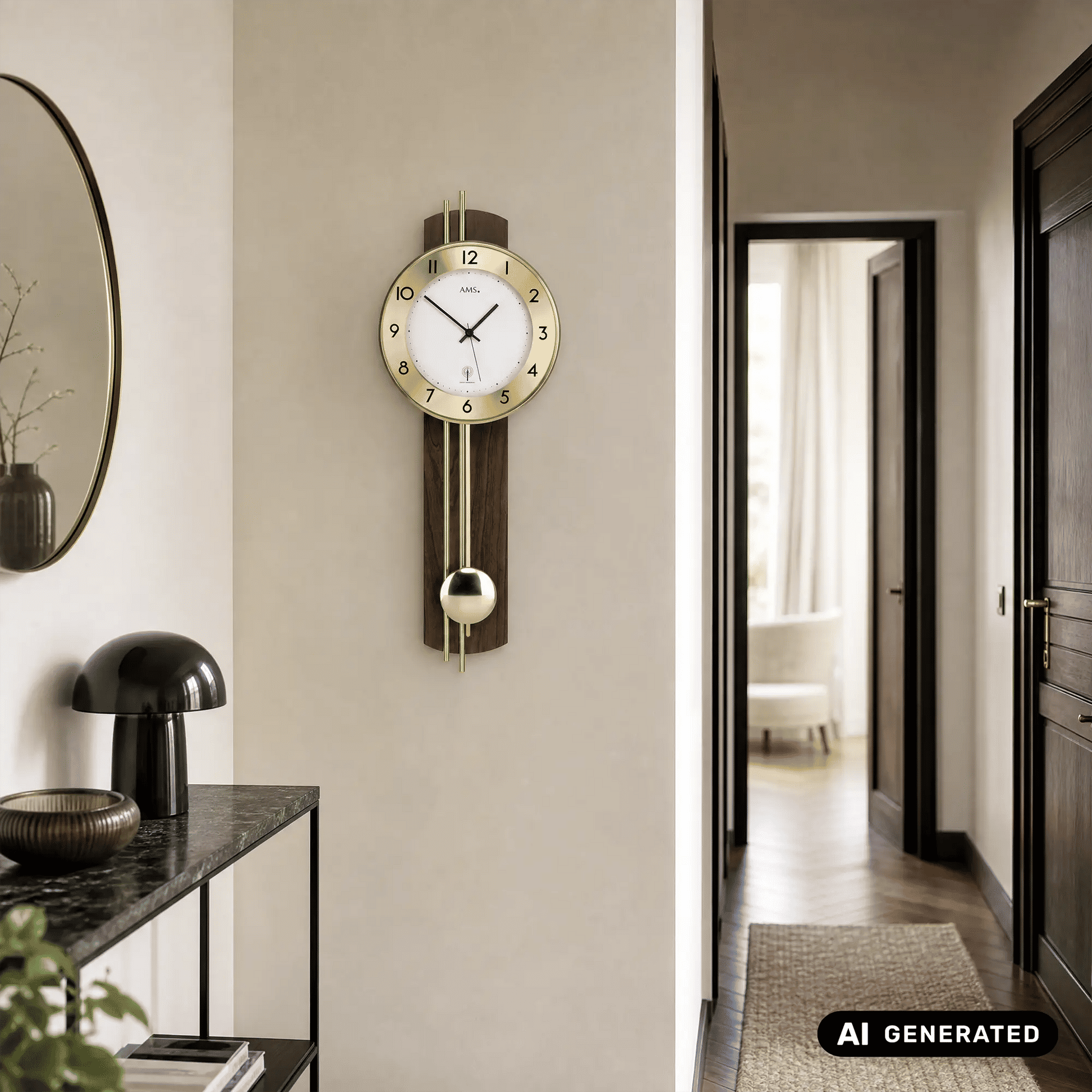 Wanduhr an der Wand mit goldener Einfassung, weißem Zifferblatt und silberner Pendelkugel