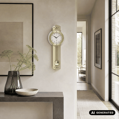 Wanduhr in Goldfarben mit rundem Ziffernblatt und Pendelgewichts-Anhänger