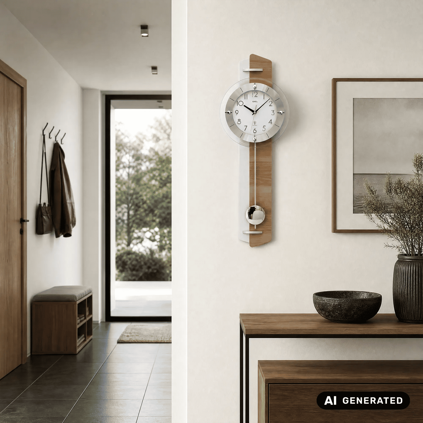 Wanduhr mit rundem silbernem Zifferblatt, Holzgehäuse aus Kernbuche und Pendel darunter