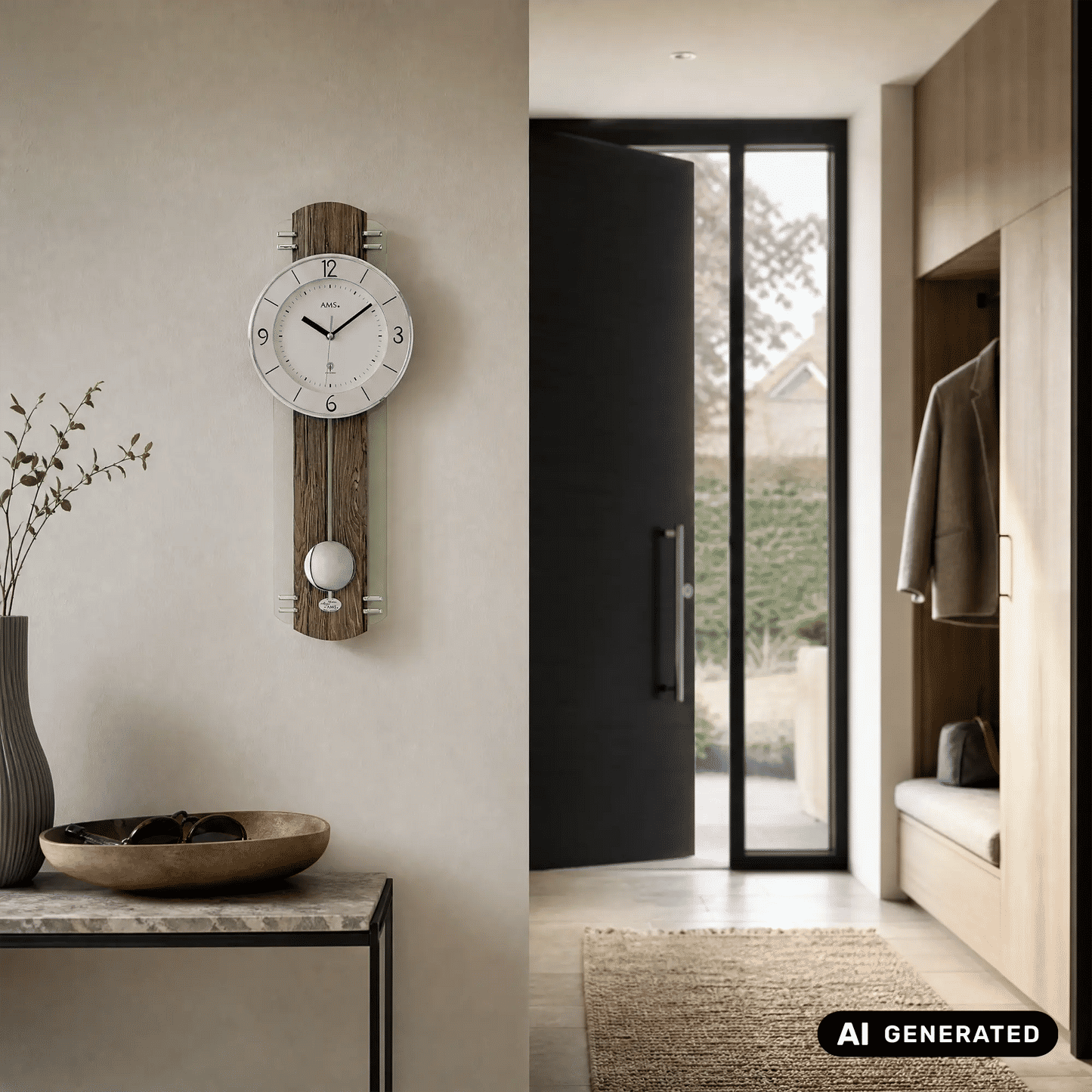 Pendel-Wanduhr mit Holzgehäuse, großem Ziffernblatt und abgerundetem Pendel