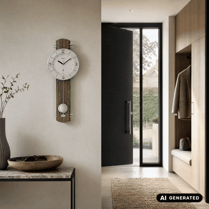 Pendel-Wanduhr mit Holzgehäuse, großem Ziffernblatt und abgerundetem Pendel