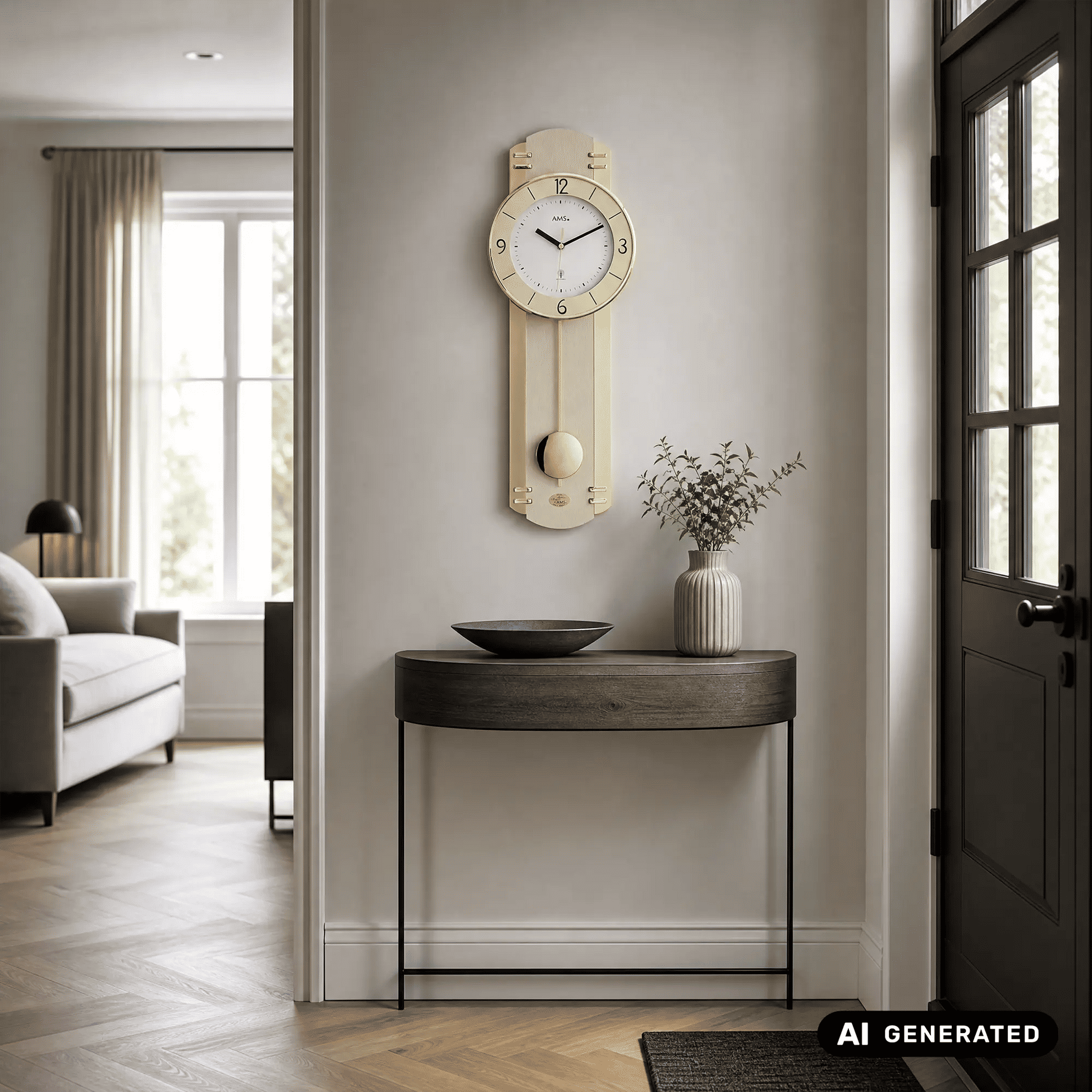 Wanduhr aus hellem Holz mit rundem Zifferblatt, Mineralglas und Pendel