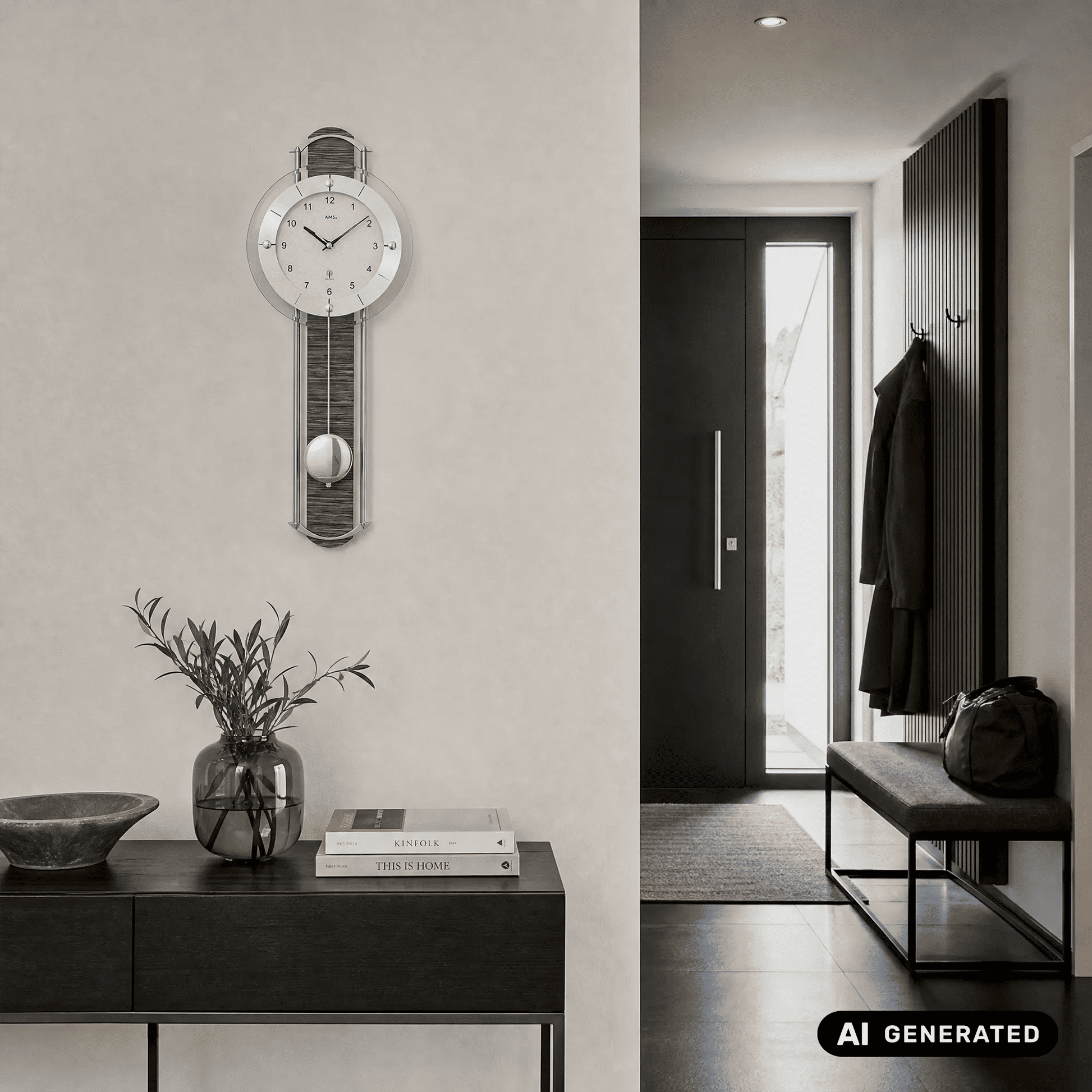 Wanduhr an Wand mit rundem Ziffernblatt und vertikalem Pendel in grauem Einsatz
