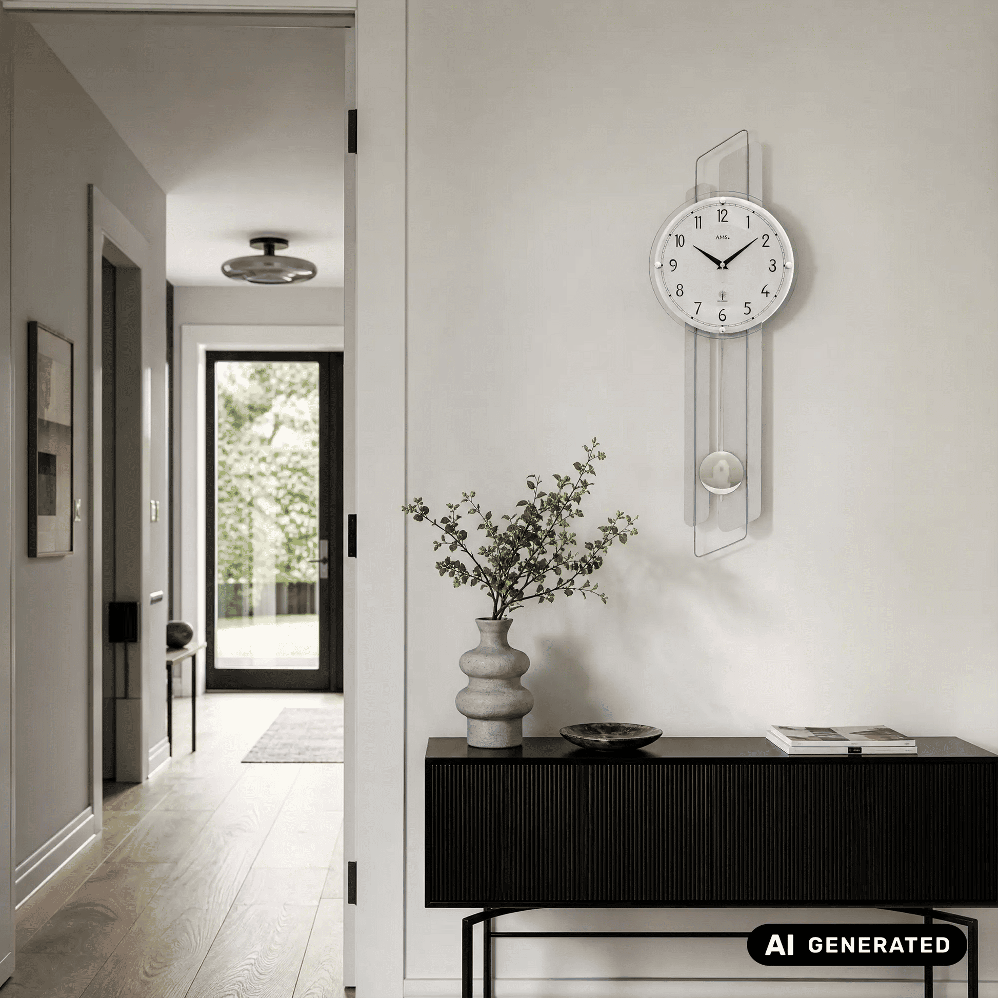 Wanduhr aus Aluminium mit rundem Zifferblatt und hängendem Pendel hinter Glas
