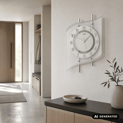 AMS Wanduhr an der Wand mit Mineralglas-Front, silbernem Metallgehäuse und Zahlenring