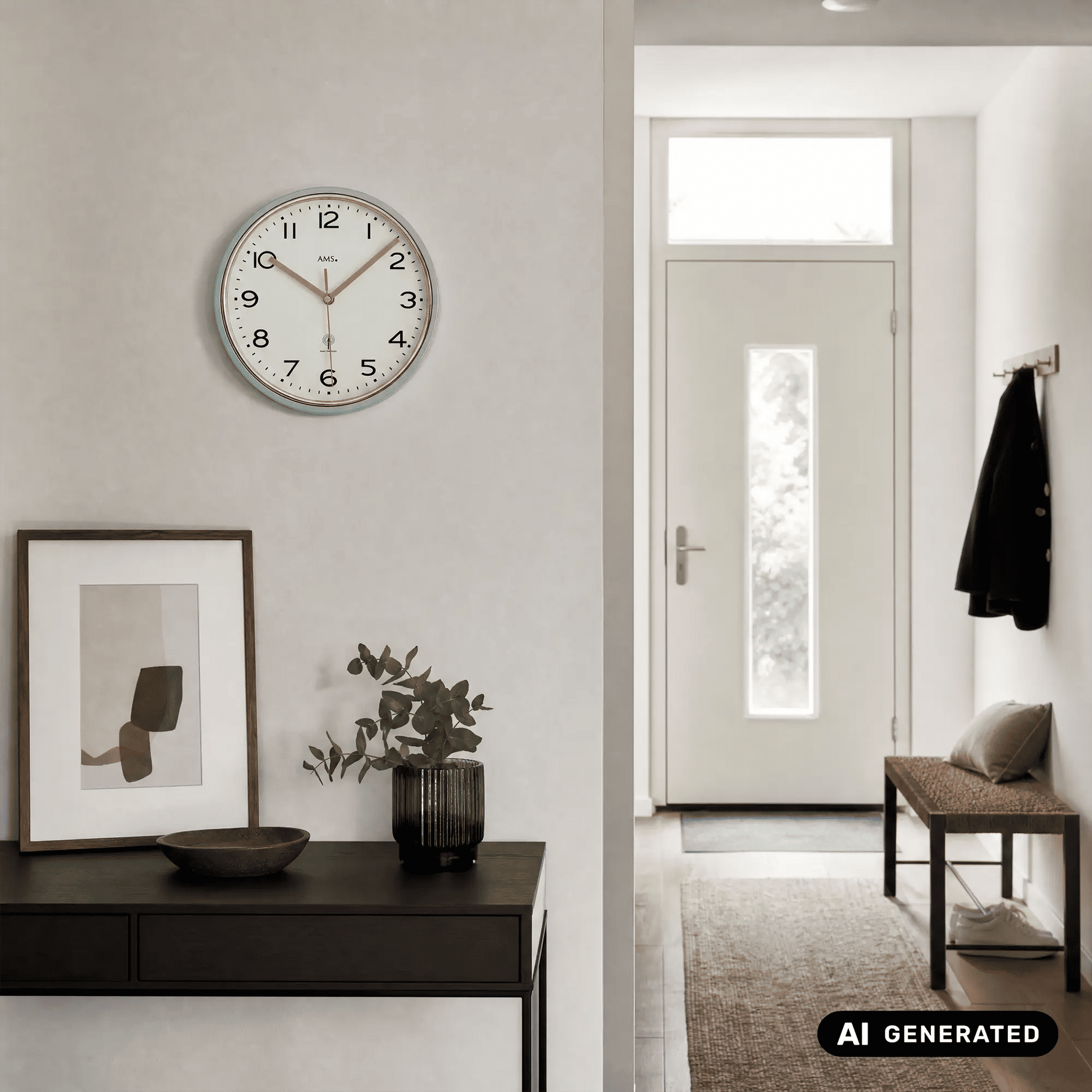 Wanduhr mit türkisfarbener Einfassung und orangefarbenen Zeigern auf weißem Zifferblatt