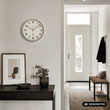 Wanduhr mit türkisfarbener Einfassung und orangefarbenen Zeigern auf weißem Zifferblatt