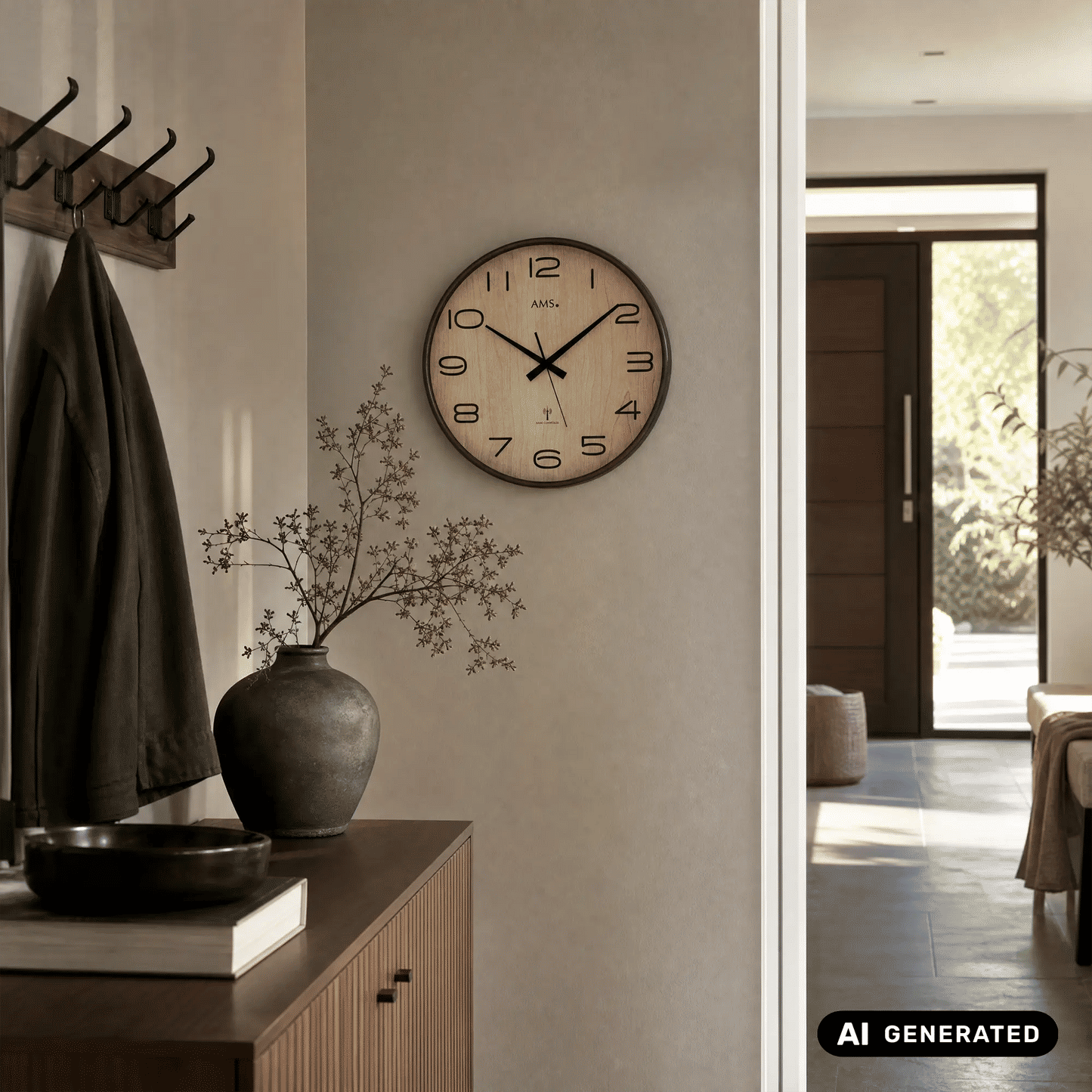 AMS Funk-Wanduhr mit Holz-Zifferblatt und schwarzen Zeigern, Mineralglas