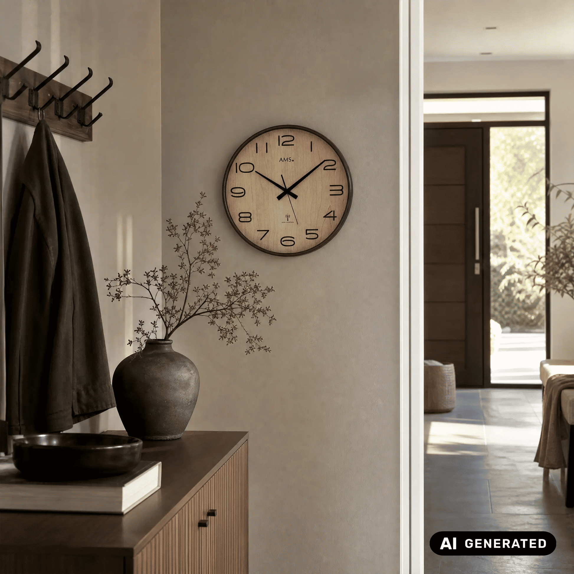 AMS Funk-Wanduhr mit Holz-Zifferblatt und schwarzen Zeigern, Mineralglas