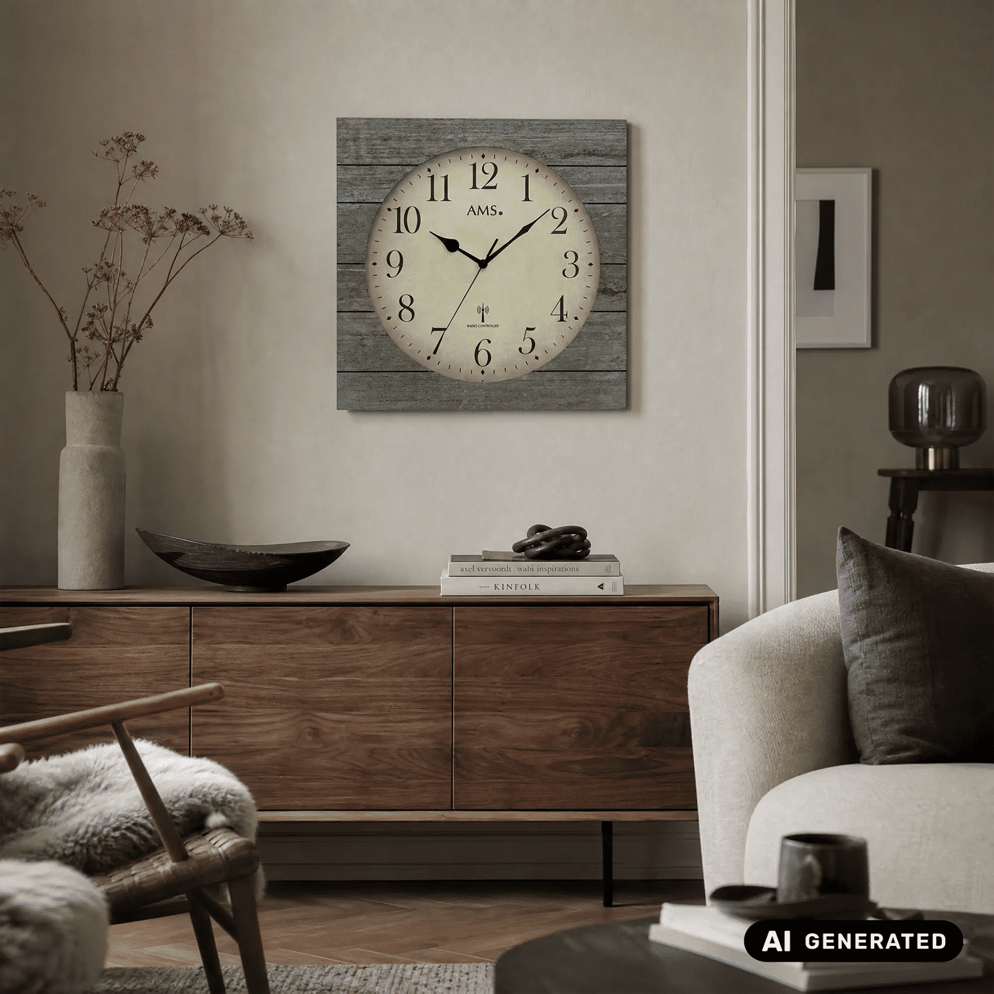 Wanduhr mit grauer Holzstruktur, analogem Zifferblatt unter Mineralglas, AMS
