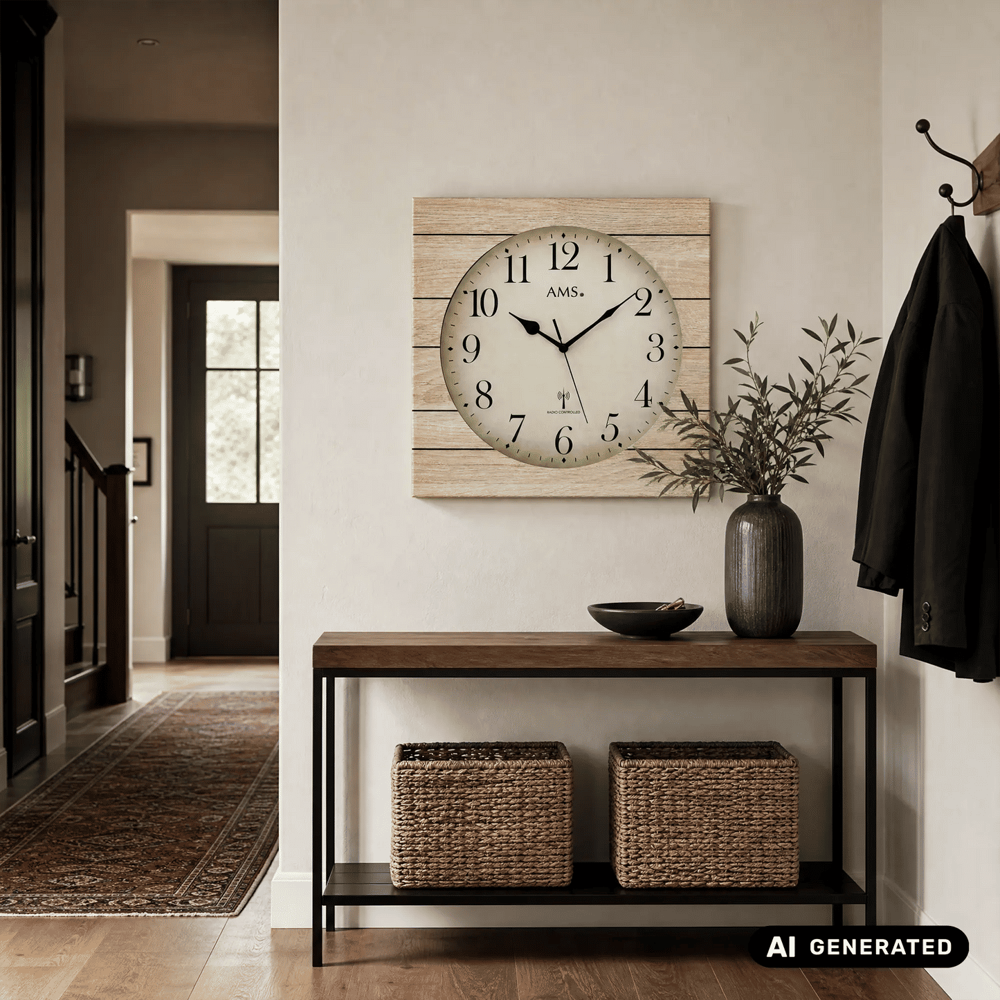 Wanduhr mit rundem Zifferblatt und Holzrahmen über Konsole in der Diele